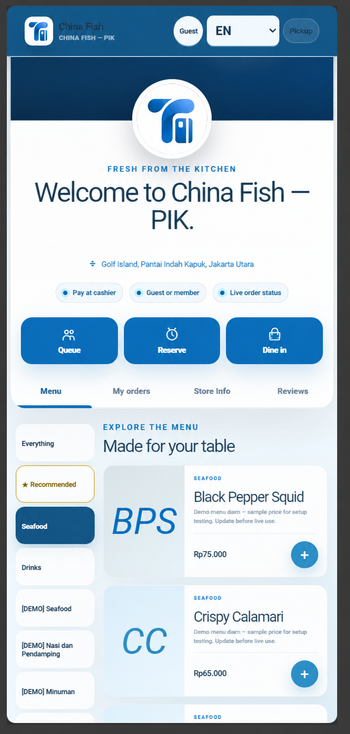 China Fish — PIK 的 Taro POS 顾客菜单，展示类别、商品、排队和预订功能。